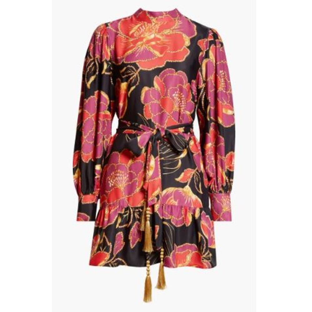 Farm Rio Shiny Chita Floral Print Long Sleeve Minidress Tiered Black Size Small - Picture 6 of 9